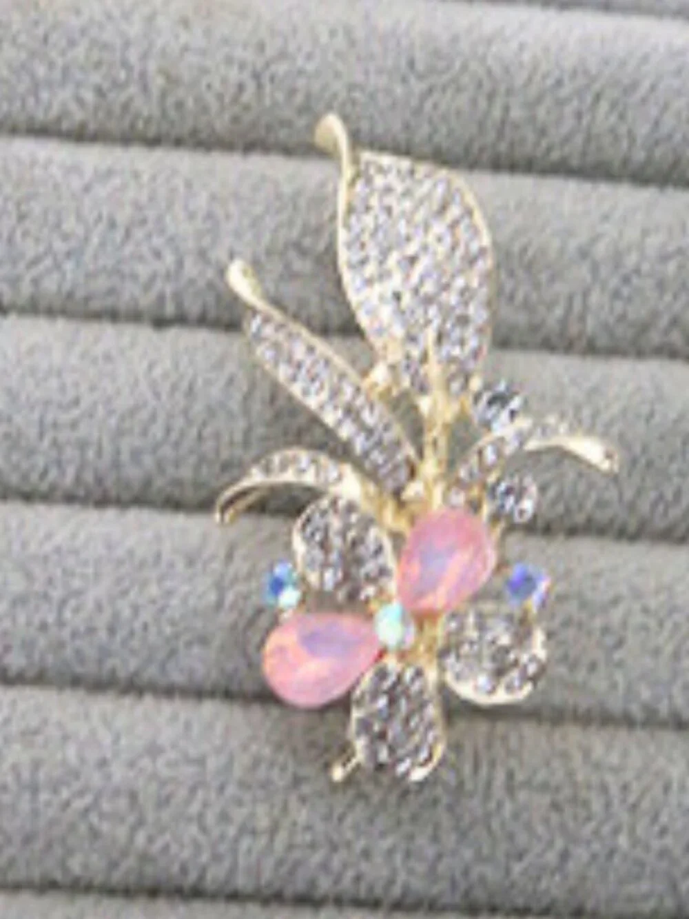 Gold Tone Pink Rhinestone Floral Leaf Statement Brooch Pin